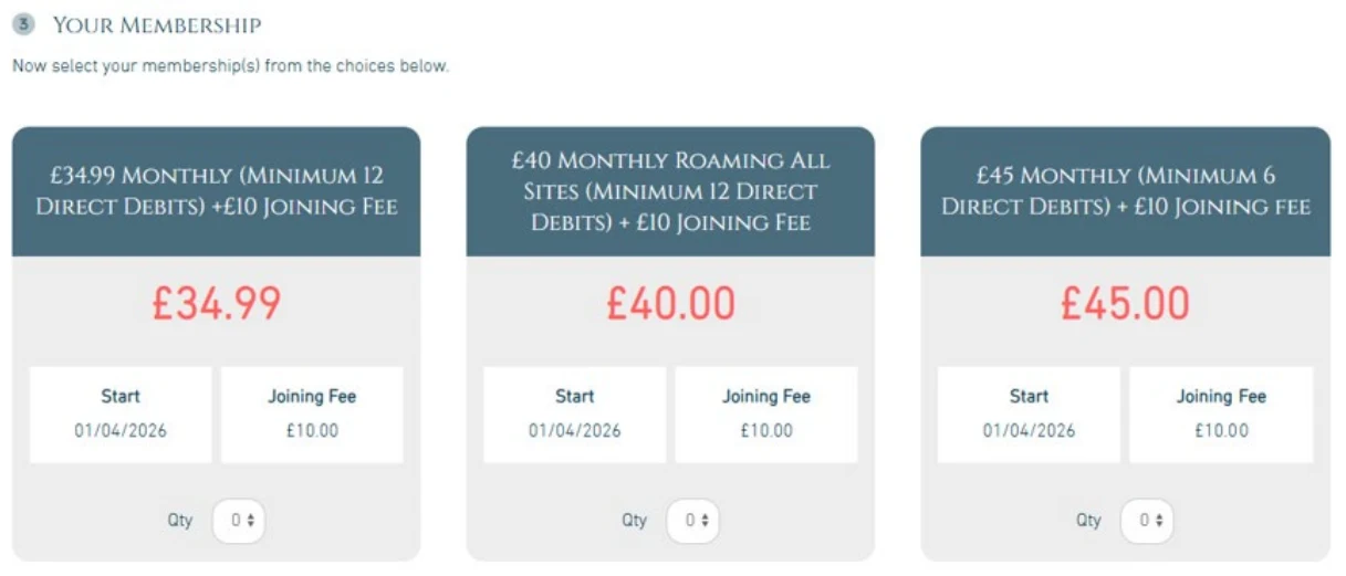 Direct Debit membership options on the Gold’s Gym website, each showing a monthly price with the £10 joining fee in a separate box