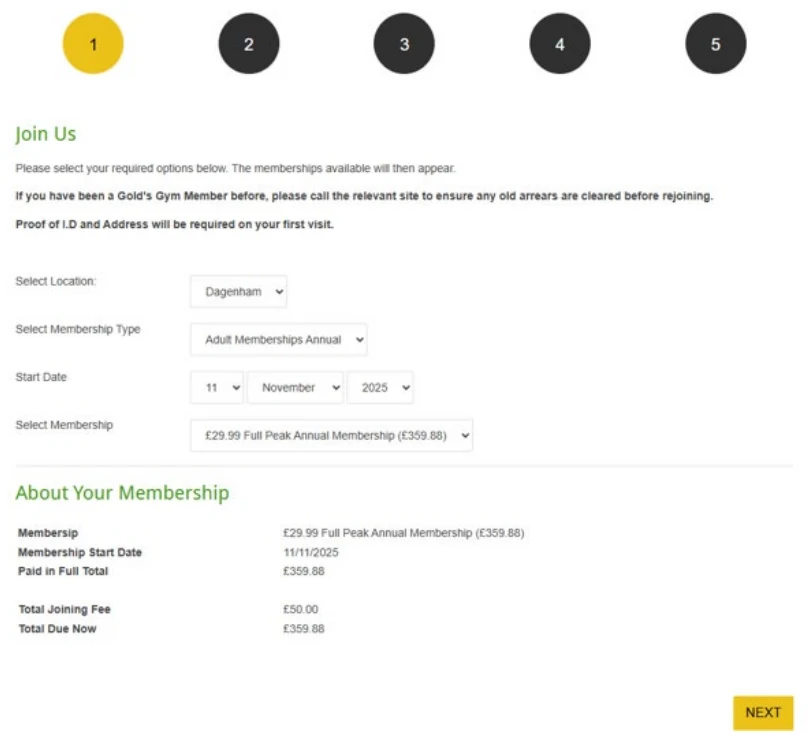 The ‘Join Us’ page on the old Gold’s Gym website, showing a joining fee of £50 and a ‘Total Due Now’ of £359.88