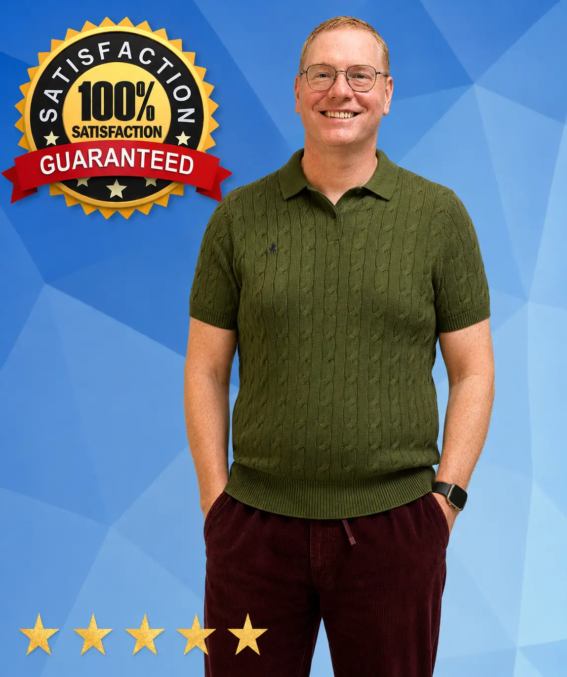 Steven Mather business solicitor Photo of Steven looking tall with a 100% satifsaction guarantee badge and 5-stars below.